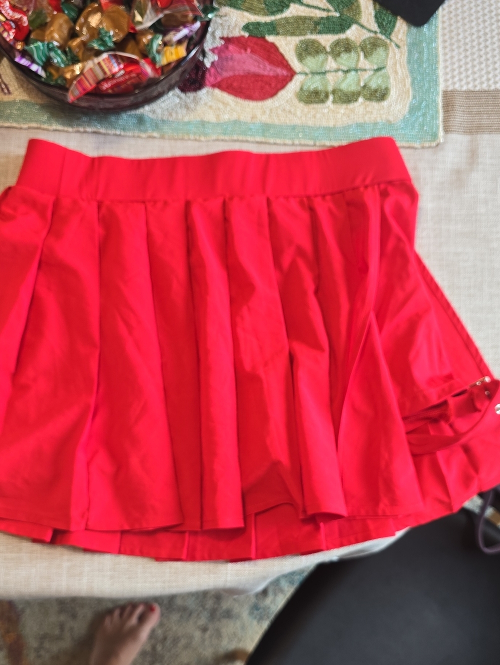 Halara Red Pleated Mini Skirt With Peekaboo Belt On Leg